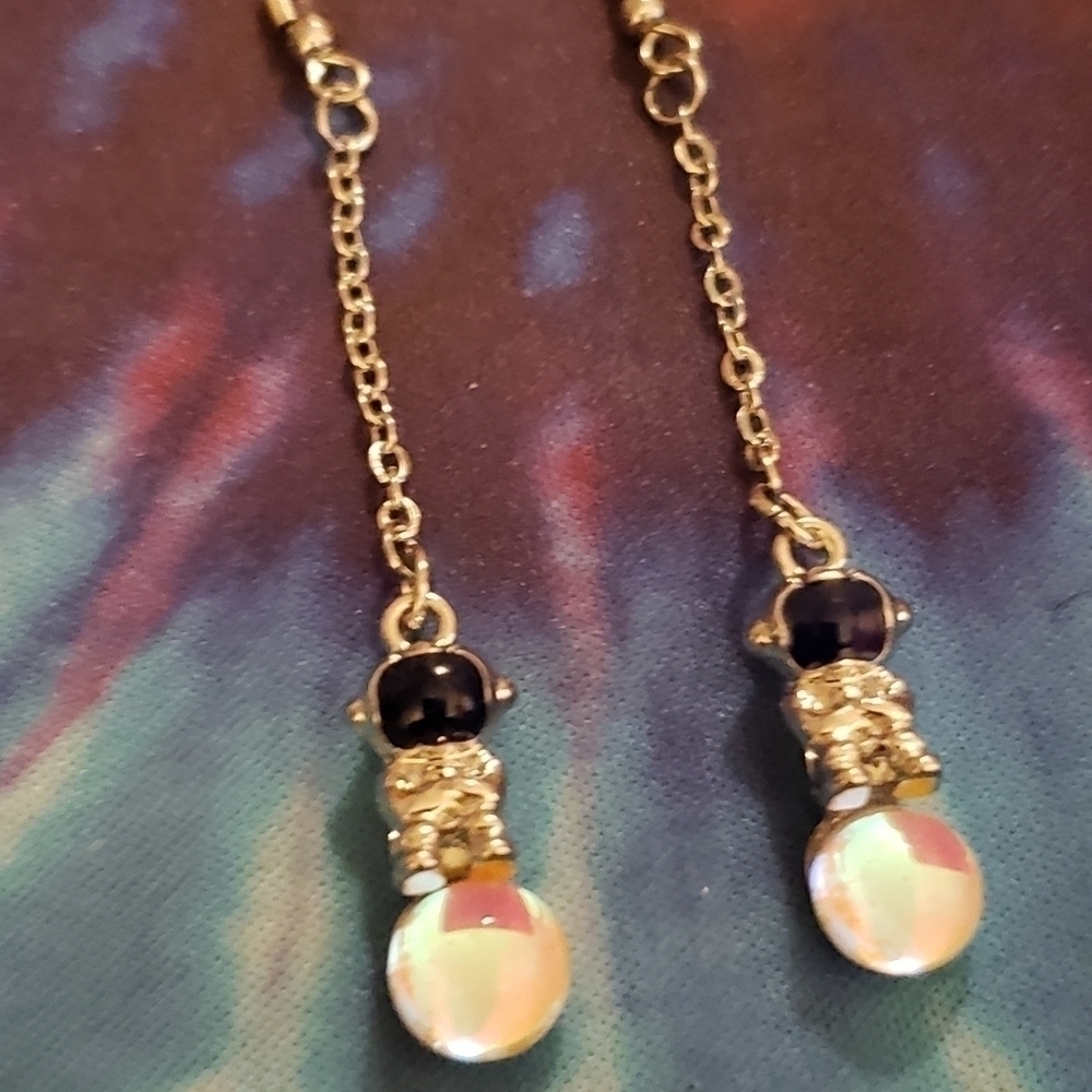 Handmade Iridescent Moon Space Astronaut Chain Dangle Earrings - Picture 2 of 6